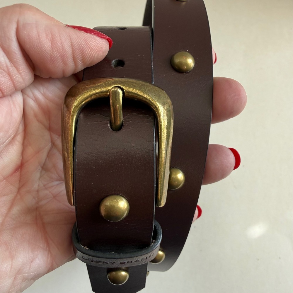 Lucky Brand Womens Leather Belt Large Brown Studded Brass Buckle Western Boho